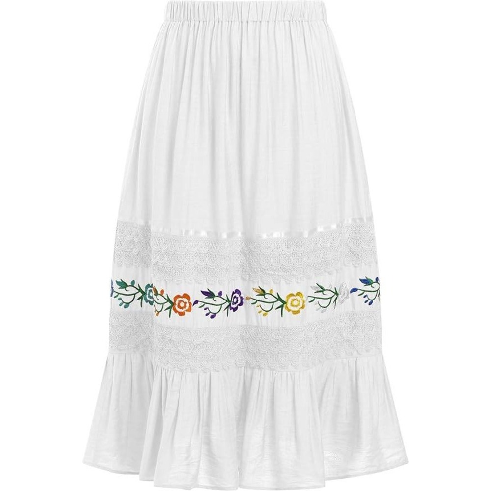 White Floral Embroidered Lace Trim Ruffle Hem Peasant Midi Skirt Boho